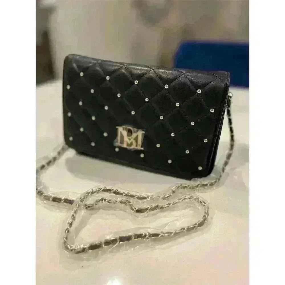 Bradley Mischka Women's Black Quilted Crossbody Bag with Gold Chain Strap